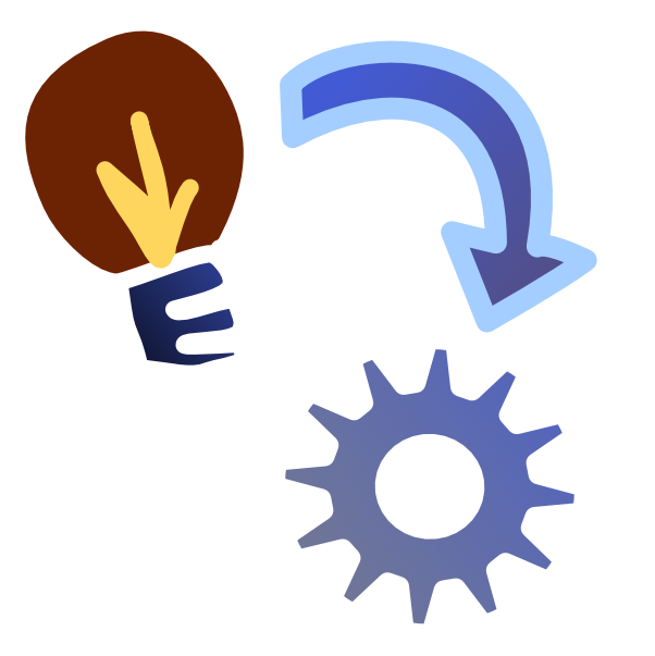 a brown lightbulb with yellow fillimentin the top left corner, to the right of it is a blue and purple arrow pointing down to a grey-blue gear. The image has white line art. 